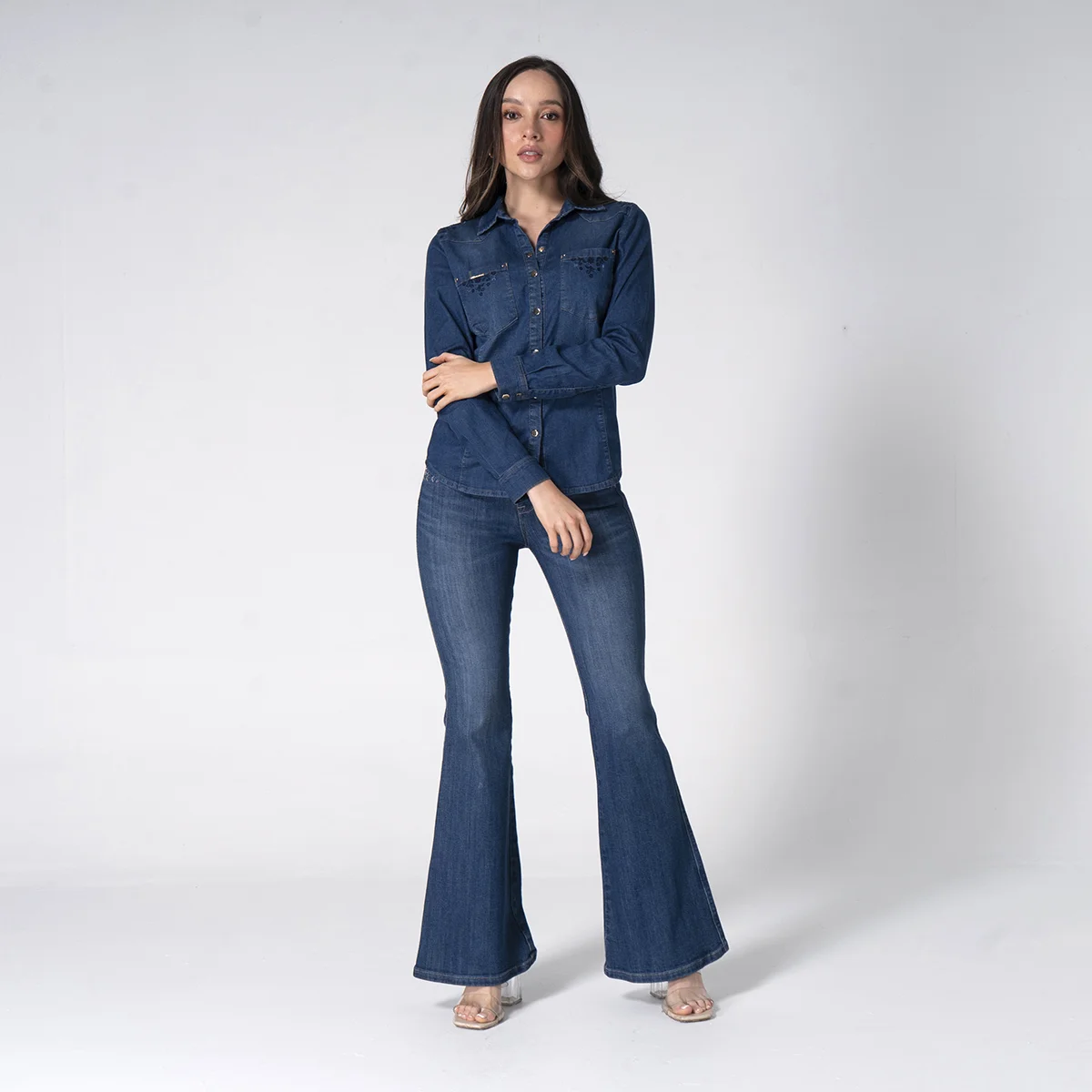 Blusa Denim Slim Cuello Camisero Angela