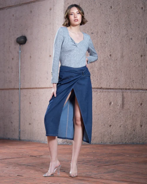 Falda Denim Larga Midi Red