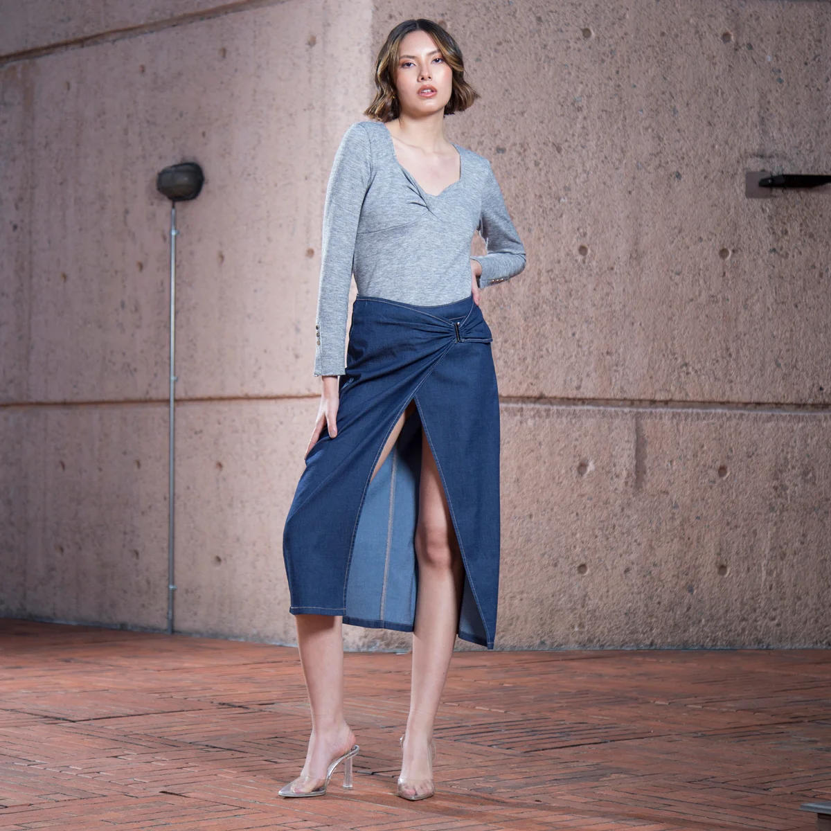 Falda Denim Larga Midi Red