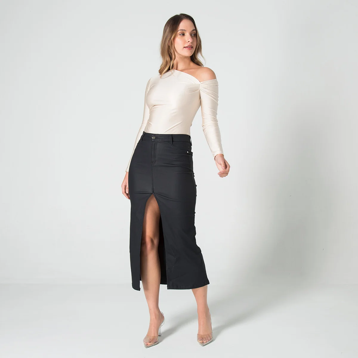 Falda Larga Denim Resinado Midi Start